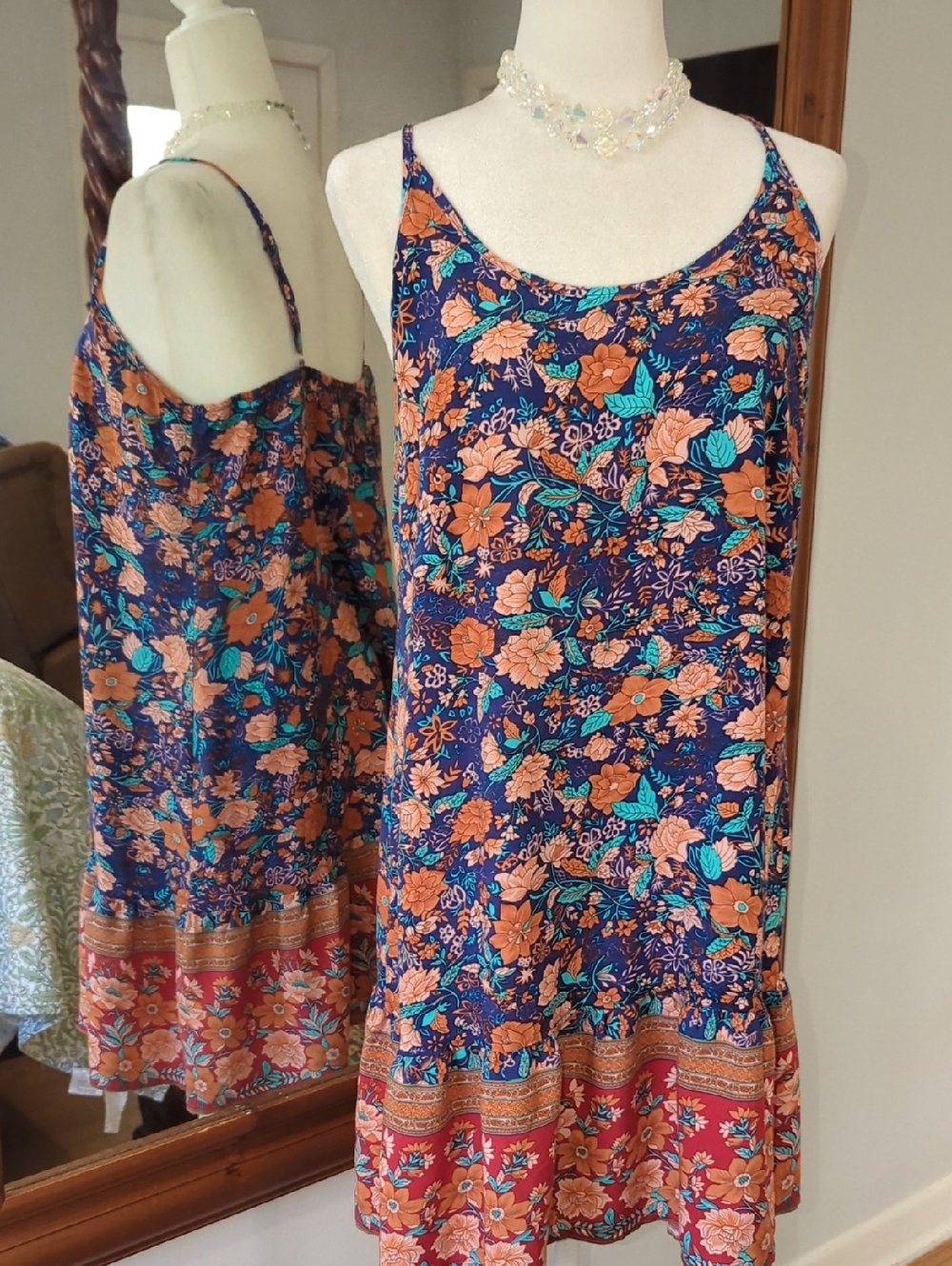 💯 Cotton Floral Navy & Rust Slip Dress/Cover Up